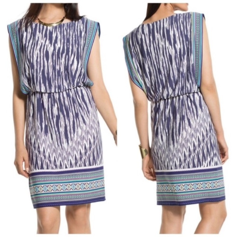 Chico’s Ikat Print Becky Dress in Blue and White S